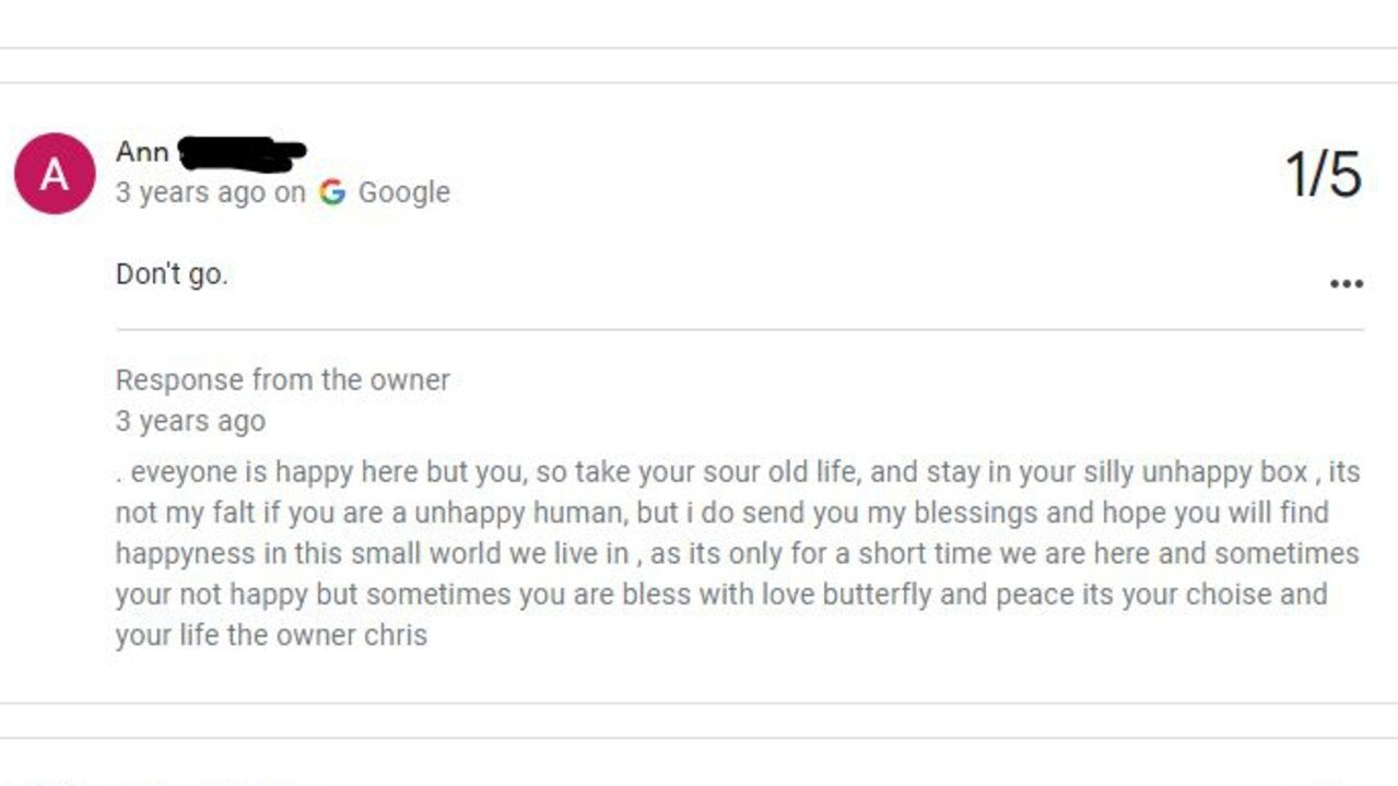 Batchelor Butterflyfarm Farm owner Christopher Horner responds to negative reviews on his business page in a hilarious manner. Picture: Google Reviews.