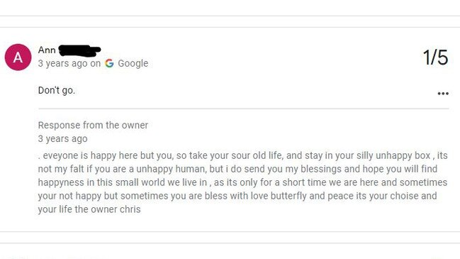 Batchelor Butterflyfarm Farm owner Christopher Horner responds to negative reviews on his business page in a hilarious manner. Picture: Google Reviews.