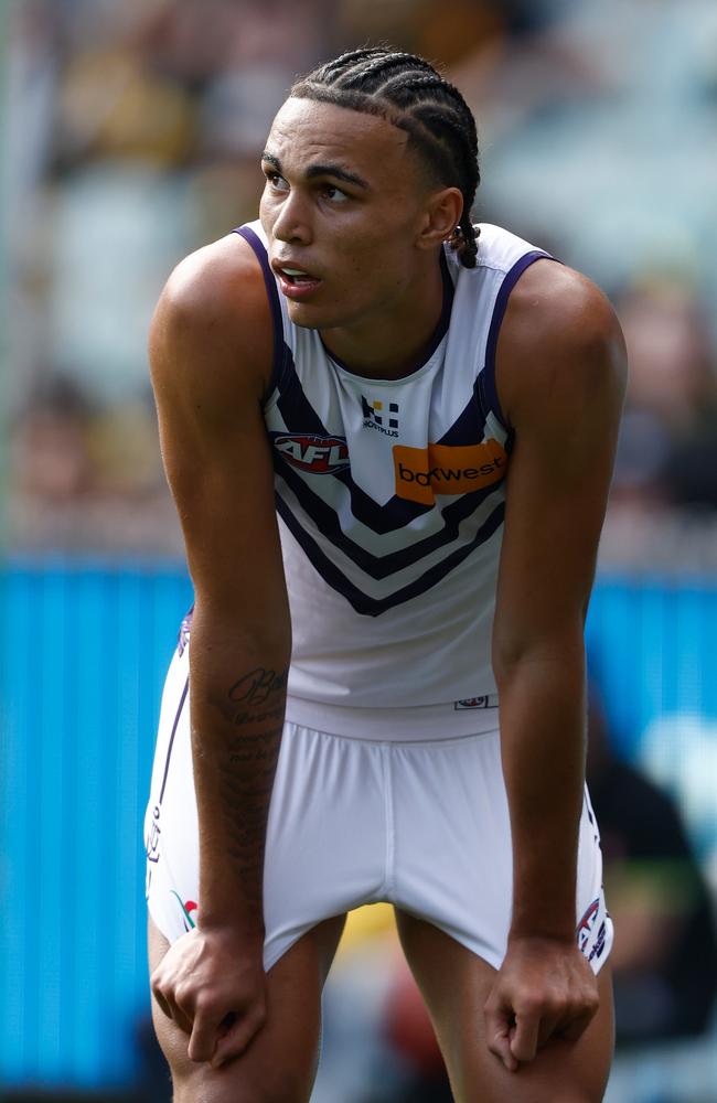 Joshua Draper has helped settle the Dockers’ backline since he came in to cover for Brennan Cox. Picture: Michael Willson/AFL Photos via Getty Images.