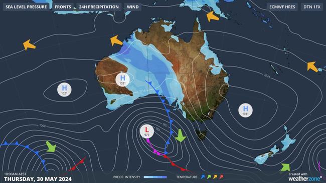 A massive rain band stretching over 2000 kilometres is affecting Australia, bringing severe weather warnings for several regions. Picture: WeatherZone