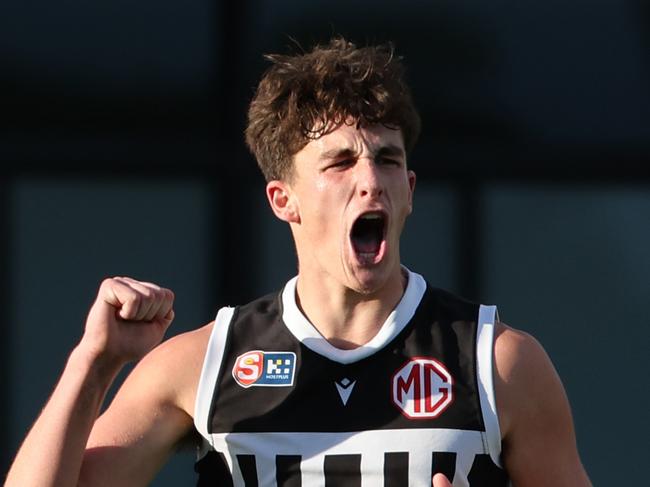 Thomas Scully of the Magpies reacts after scoring a goal during the Round 10 SANFL match between Port Adelaide and West Adelaide at Alberton Oval in Adelaide, Saturday, June 15, 2024. (SANFL Image/David Mariuz)