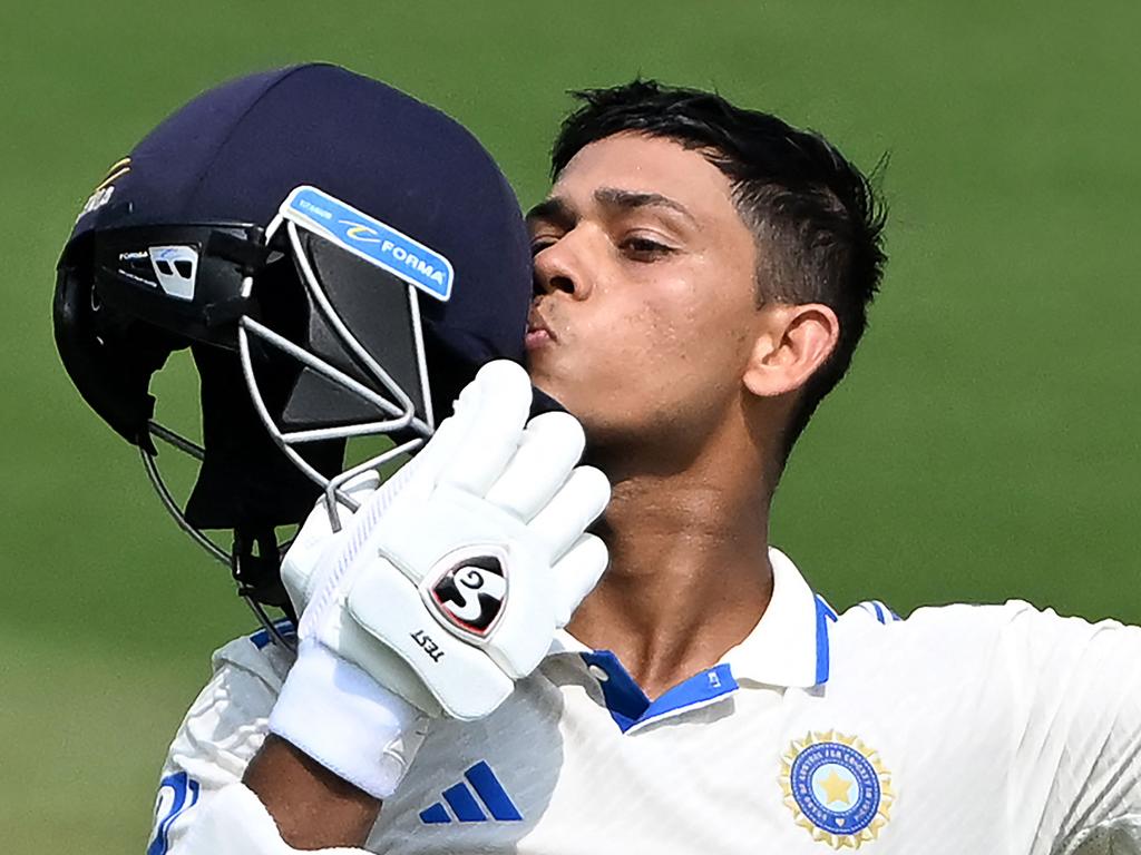 India's Yashasvi Jaiswal celebrates after scoring a century during the first day of the second Test cricket match between India and England at the Y.S. Rajasekhara Reddy cricket stadium in Visakhapatnam on February 2, 2024. Picture: Dibyangshu Sarkar/AFP