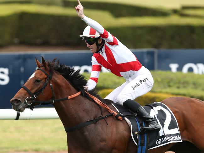 SYDNEY, AUSTRALIA - NOVEMBER 04: Joshua Parr riding Obamburumai wins Race 8 James Squire Golden Eagle during Sydney Racing at Rosehill Gardens on November 04, 2023 in Sydney, Australia. (Photo by Jason McCawley/Getty Images)