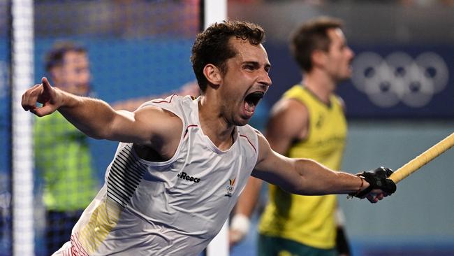 Belgium's Florent Van Aubel celebrates his side’s only regulation-time goal. Picture: AFP