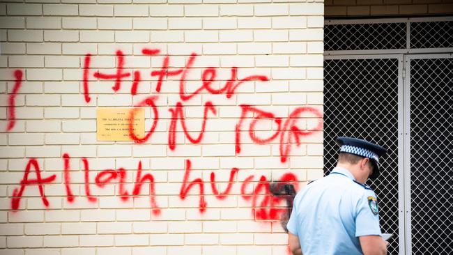 Police on scene at the Southern Sydney Synagogue, which was vandalised with anti-Semitic graffiti on Friday. Picture: Tom Parrish