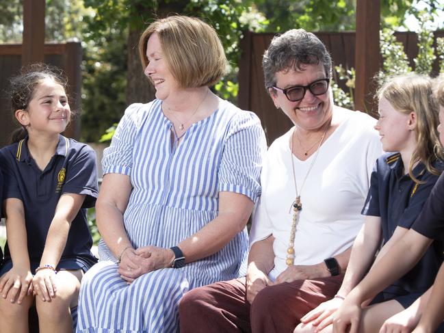 Marryatville Primary School teachers Sheryl Simpson (teaching for 40 years) and Sue Shywolup (teaching for 41 years) with students Sunny, Sofia Florence, Caleb and Ryan. 21st October 2024 Picture: Brett Hartwig