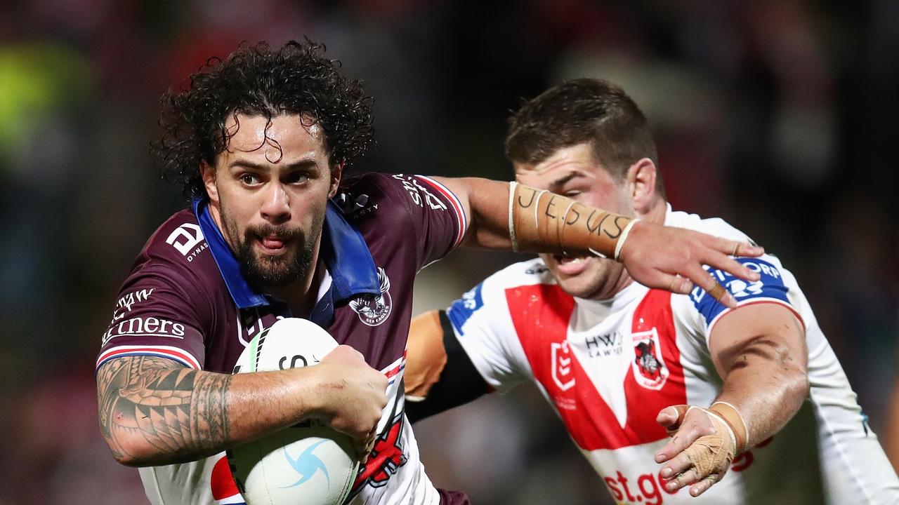 Manly star Josh Aloiai has revealed he and his family received death threats for his stance on the Manly Pride jersey. Picture: Getty Images.