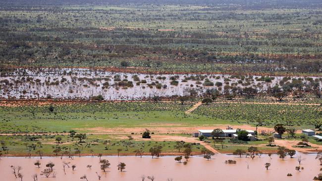 Flood waters Glendambo where the Sturt Hwy has been cut off. Picture: NCA NewsWire / Kelly Barnes Pool via NCA NewsWire