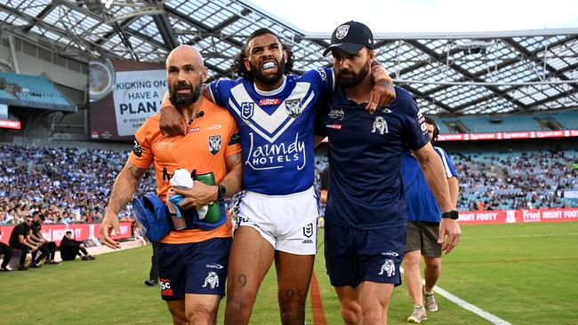 Josh Addo-Carr was forced from the field with an ankle injury. Picture: NRL Imagery.