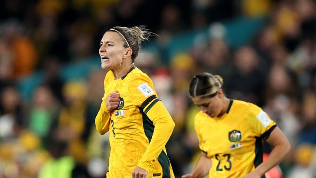 Steph Catley (L) celebrates after scoring Australia’s opening goal. Picture: Getty