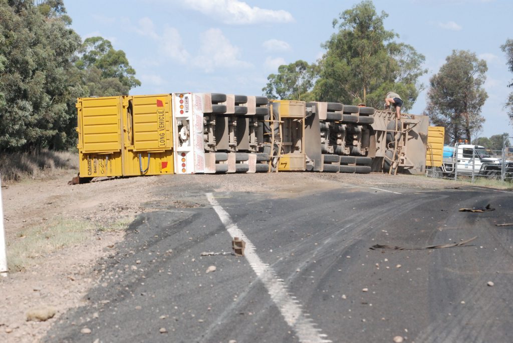 The overturned cattle truck. Picture: Alasdair Young