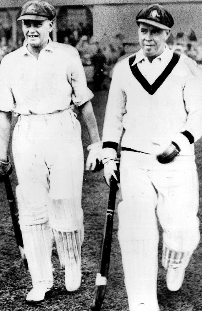 Cricketers Bill Woodfull &amp; William H (Bill) Ponsford during controversial bodyline series Australia v England 1930. Picture: Cricket F/L Historical