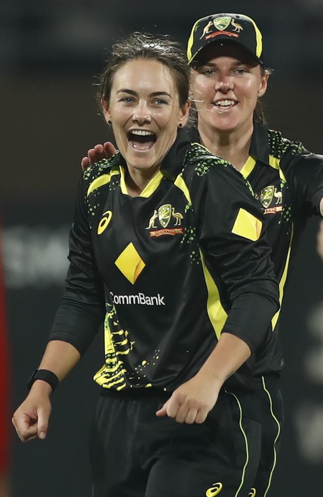 Heather Graham of Australia celebrates the wicket of Harmanpreet Kaur of India during the T20 International series – 2022. Picture: Pankaj Nangia/Getty Images