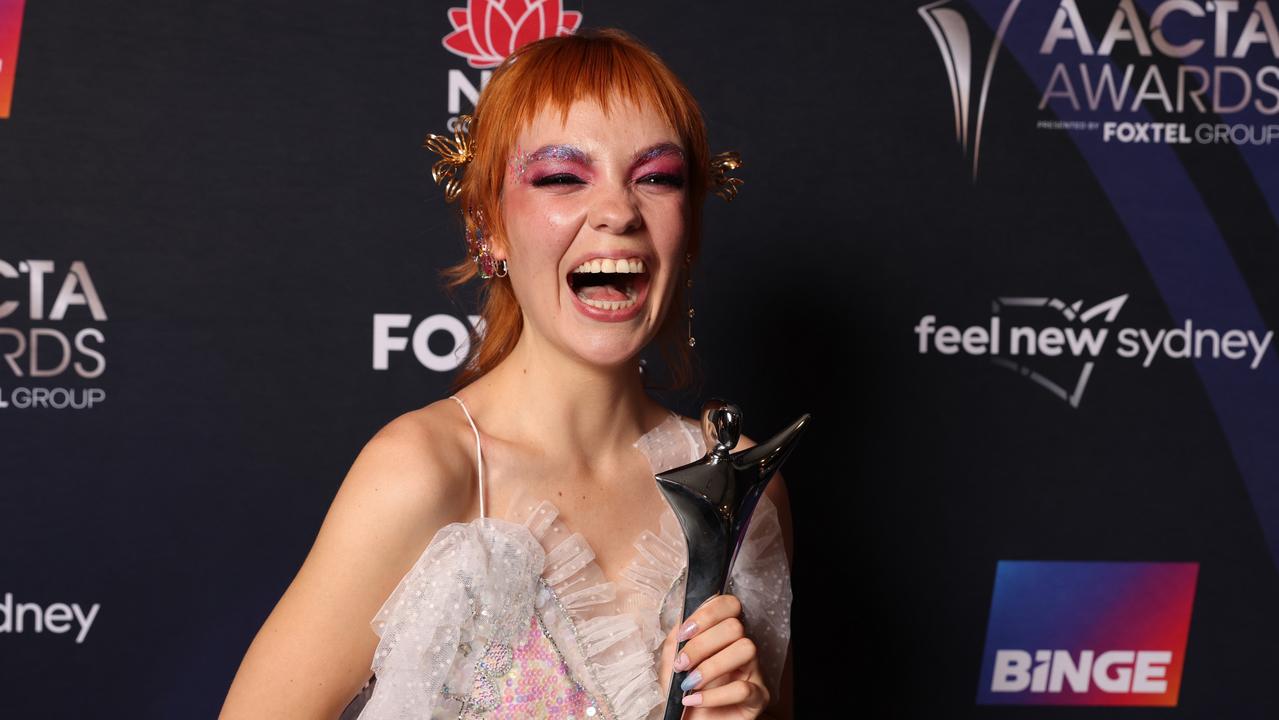 Chloe Hayden poses in the media room with the AACTA Audience Choice Award for Best Actress for playing Quinni in Heartbreak High. (Photo by Caroline McCredie/Getty Images for AFI)