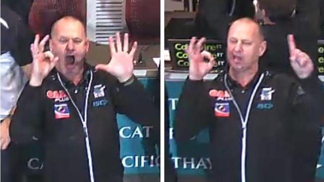 Ken Hinkley celebrating Port Adelaide’s win over Adelaide in Showdown 44.