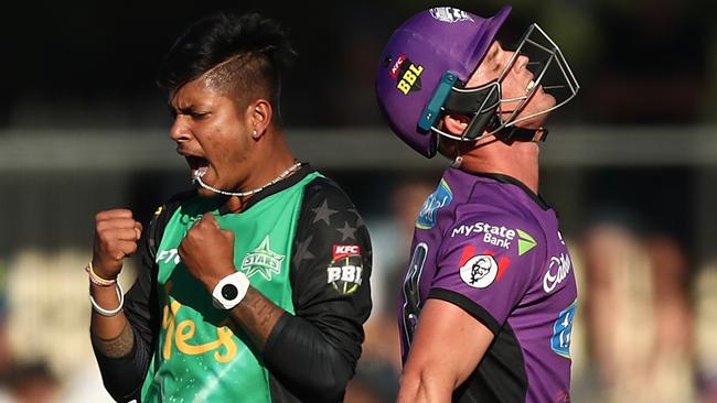 Sandeep Lamichhane celebrates a wicket against his new BBL employers.