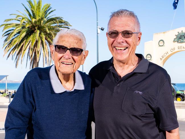 ADELAIDE/ KAURNA YARTA, AUSTRALIA - NewsWire Photos APRIL 24, 2023: Veteran Keith Ã¢â¬ÅChookÃ¢â¬Â Fowler and Andrew Thomas together at the Brighton beach foreshore. Picture: NCA NewsWire / Morgan Sette