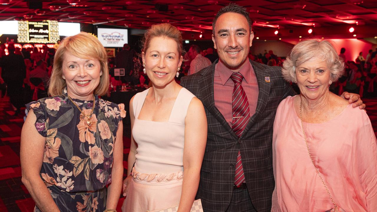 Sports Darling Downs presentation dinner MC James O'Shea with (from left) Lisa McDonald, Erin Kehoe-O'Shea and Joan McDonald at Rumours International, Saturday, February 1, 2025. Picture: Kevin Farmer