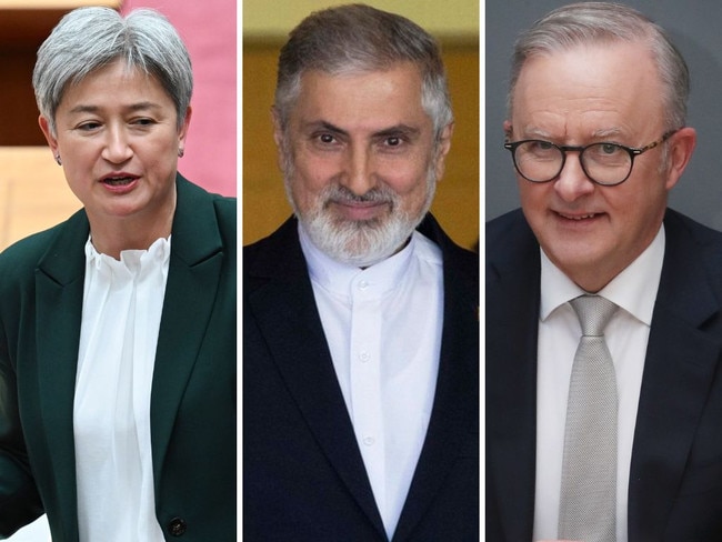 Foreign Minister Penny Wong, Iranian ambassador to Australia Ahmad Sadeghi, Prime Minister Anthony Albanese.