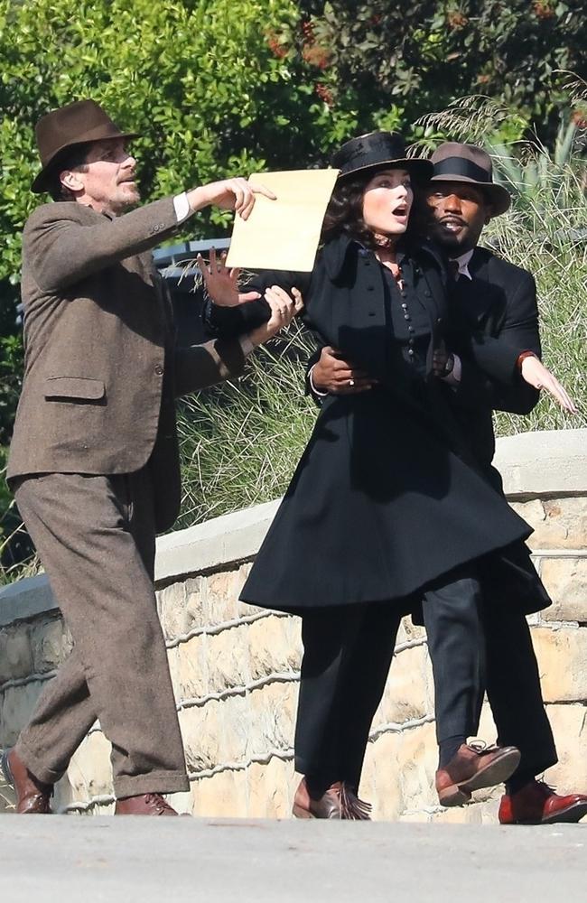 Christian Bale, Margot Robbie and John David Washington on the set of untitled David O. Russell project in L.A. Picture: CPR/D.Sanchez/BACKGRID