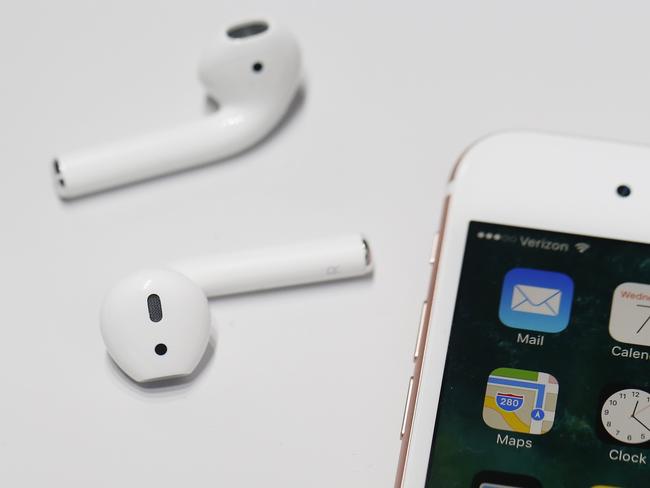 SAN FRANCISCO, CA - SEPTEMBER 07: A pair of the new Apple AirPods are seen during a launch event on September 7, 2016 in San Francisco, California. Apple Inc. unveiled the latest iterations of its smart phone, the iPhone 7 and 7 Plus, the Apple Watch Series 2, as well as AirPods, the tech giant's first wireless headphones. Stephen Lam/Getty Images/AFP == FOR NEWSPAPERS, INTERNET, TELCOS & TELEVISION USE ONLY ==