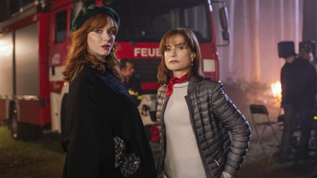 Hendricks with co-star Isabelle Huppert, who plays an eccentric director in Amazon Prime drama series, The Romanoffs. Picture: Supplied/Amazon Prime