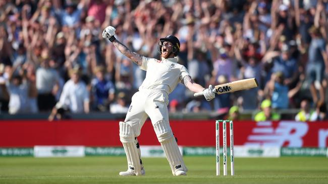 LEEDS, ENGLAND - AUGUST 25: Ben Stokes of England celebrates hitting the winning runs to win the 3rd Specsavers Ashes Test match between England and Australia at Headingley on August 25, 2019 in Leeds, England. (Photo by Gareth Copley/Getty Images) *** BESTPIX ***