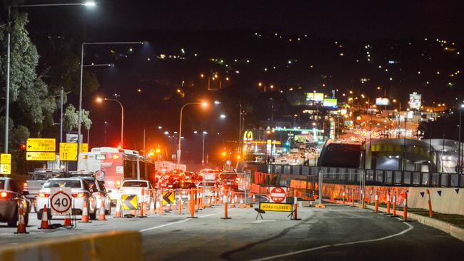 Traffic banked up around the sectioned-off barrier collapse. Picture: Brenton Edwards 