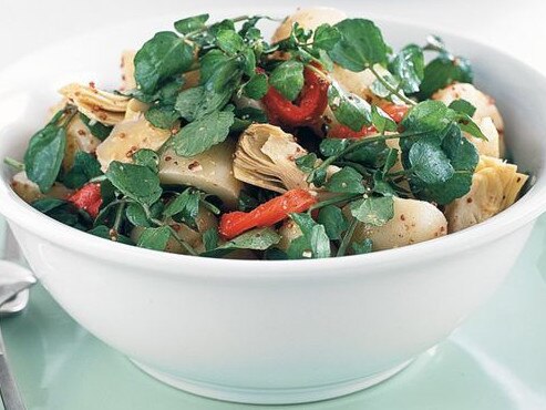 Potato and watercress salad with mustard dressing.