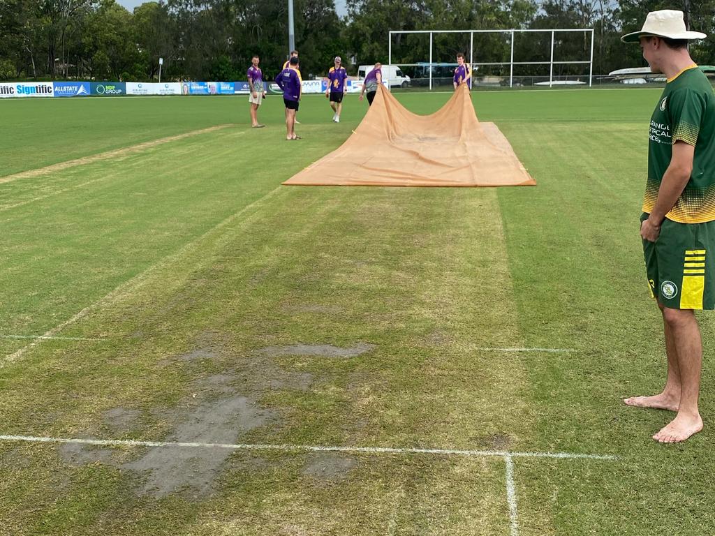 Rain had leaked through covers causing the match between Palm Beach and Queens to be abandoned. Picture: Supplied