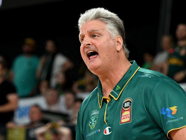 HOBART, AUSTRALIA - JANUARY 12: Scott Roth, Head Coach of the Jackjumpers reacts during the round 15 NBL match between Tasmania Jackjumpers and Illawarra Hawks at MyState Bank Arena, on January 12, 2024, in Hobart, Australia. (Photo by Steve Bell/Getty Images)