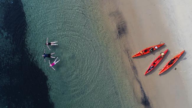 An aerial images above Shelly Beach at Manly, showing the crystal clear waters of Cabbage Tree Bay. Picture: Sam Ruttyn.