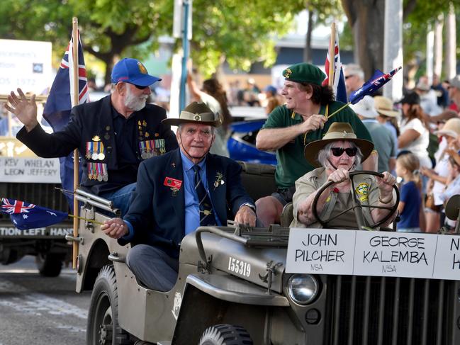 Anzac Day 2025. Strand parade in Townsville. Neville Hines (front) and John Pilcher and Kalemba. Picture: Evan Morgan