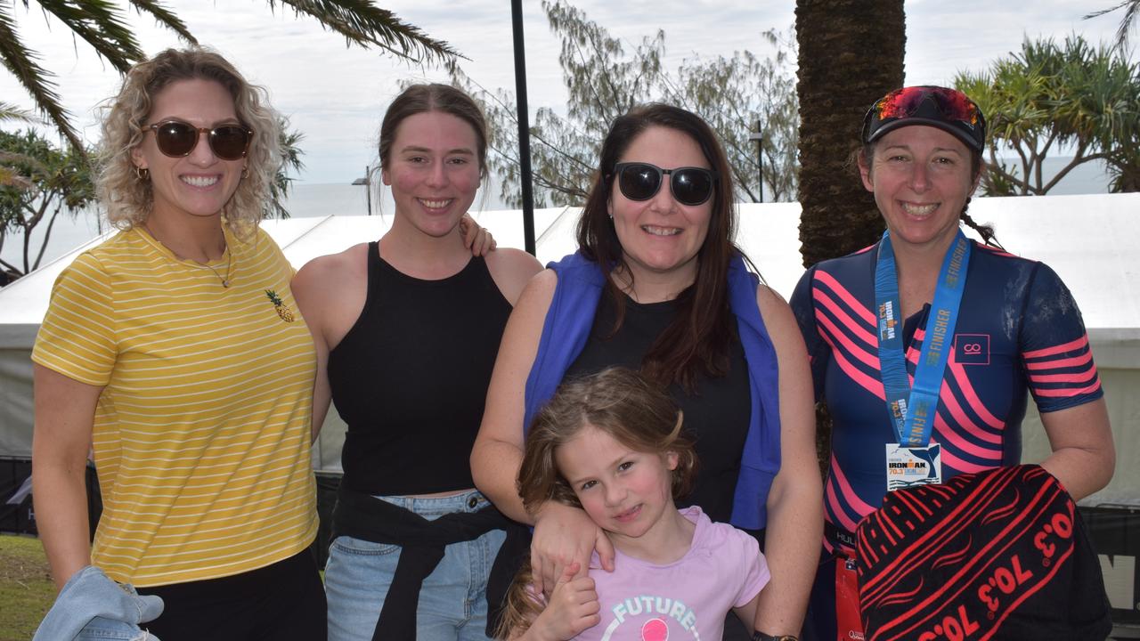 Jackie Lyons, Kristie Mcilvride, Avery, Micayla Lyons and Abbey Lewis at the Sunshine Coast Ironman 70.3 at Mooloolaba 2022.