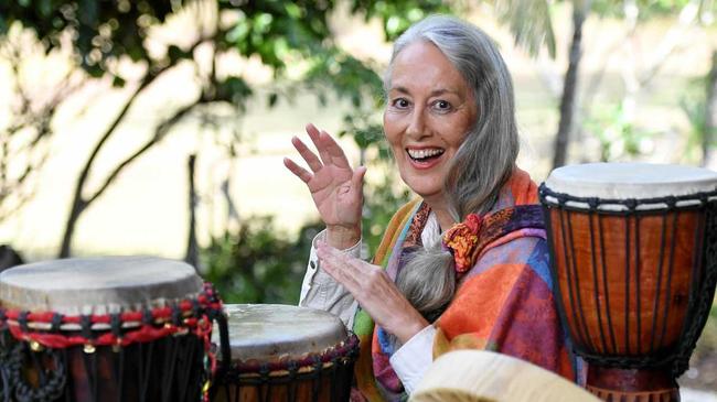 DRUMMING CIRCLE: Cynthia Hoogstraten drumming on her back deck. Picture: Mike Knott BUN210518DRUMMING1