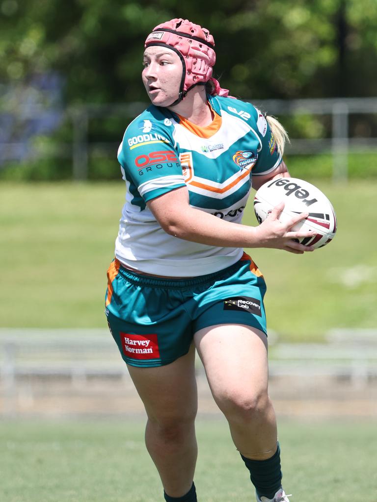 Isabel Kennedy sets up a play in the Queensland Rugby League (QRL) Under 19 Women's match between the Northern Pride and the Mackay Cutters, held at Barlow Park. Picture: Brendan Radke