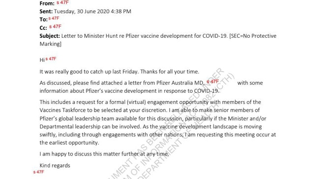 Documents released through Freedom of Information have revealed Pfizer first contacted the Australian government, and that Minister Greg Hunt did not meet with the company for two months. Picture: Supplied via NCA NewsWire