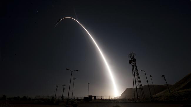 An unarmed Minuteman III intercontinental ballistic missile launches during an operational test in April 2021 from Vandenberg Air Force Base in California. Picture: US Air Force via AP