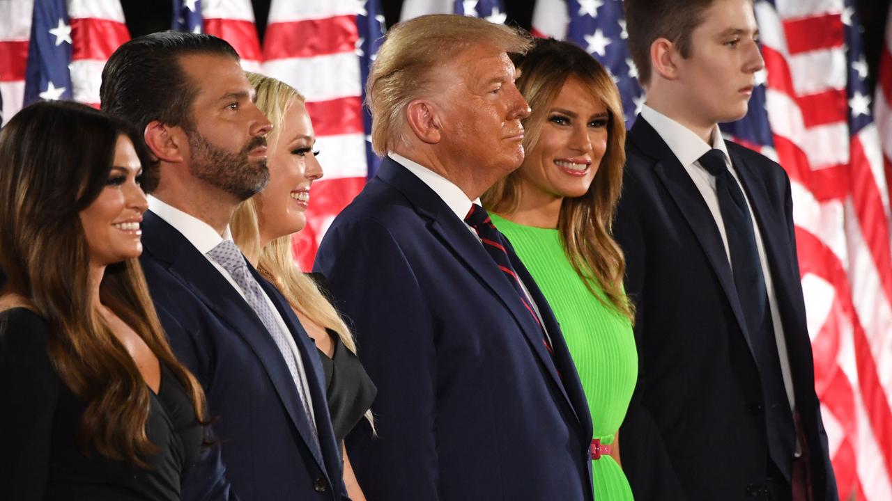 Kimberly Guilfoyle (left) on stage with the Trump family after the President’s convention speech on Friday AEST. Picture: Saul Loeb/AFP