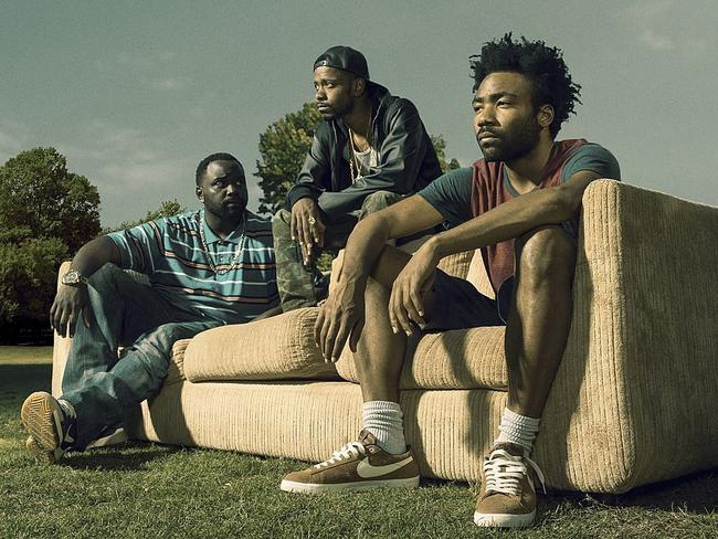 Brian Tyree Henry as Alfred Miles, Keith Standfield as Darius, Donald Glover as Earnest Marks in Atlanta. Picture: Matthias Clamer / FX