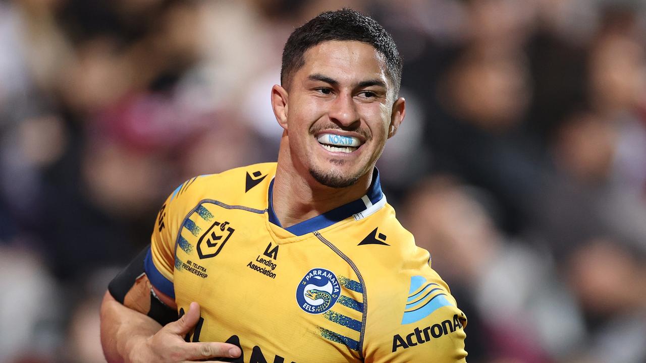SYDNEY, AUSTRALIA - AUGUST 05: Dylan Brown of the Eels celebrates after scoring a try during the round 21 NRL match between the Manly Sea Eagles and the Parramatta Eels at 4 Pines Park on August 05, 2022, in Sydney, Australia. (Photo by Cameron Spencer/Getty Images)