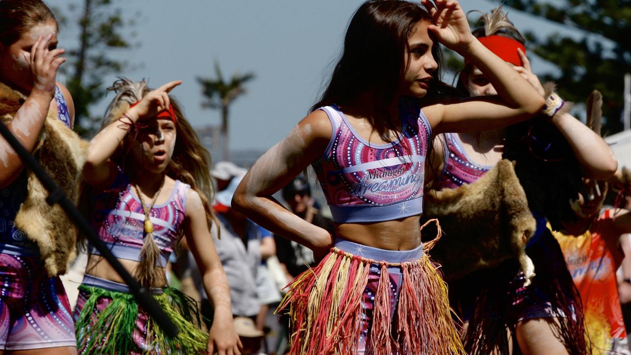 Aboriginal dancers from Woomera and Newcastle perform at the Rising Tide protest. Picture: Newswire/Dean Sewell.