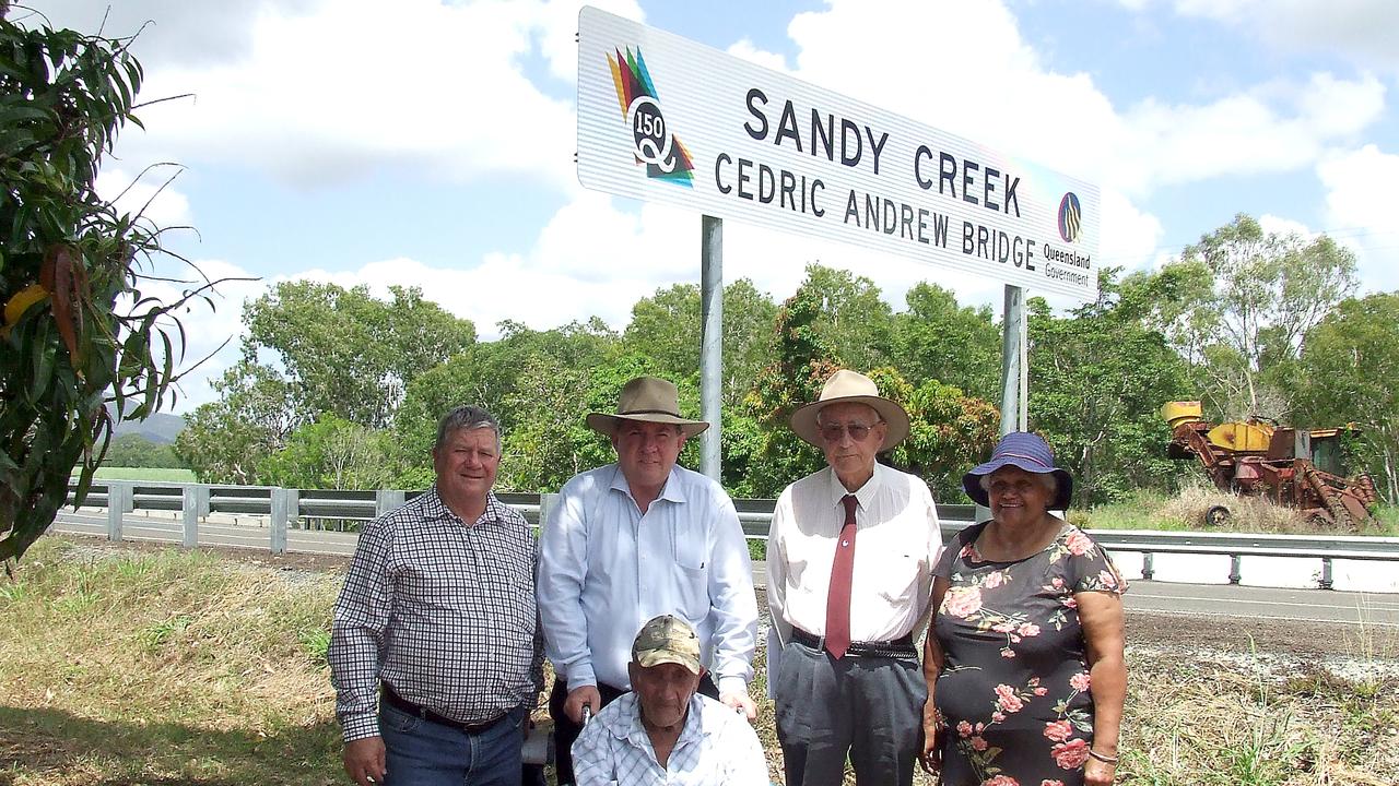 Celebrating the bridge name change are, from left, Mayor Col Meng, Mackay MP Tim Mulherin, Rod Manning, Cristine Andrew and her father Cedric Andrew.