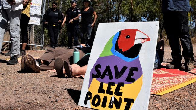Protesters blocked the way to the site of Defence Housing Australia's development site in Lee Point on Thursday. Picture: Sierra Haigh
