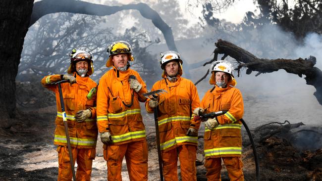 CUDLEE CREKK FIRE - CFS HEROES - Strathalbyn Brigade volunteers (l-r) Luke Sanders 37, Rodd Brickmann 47, Ross Melville 18 and Chris Gates 48. Picture: Tricia Watkinson