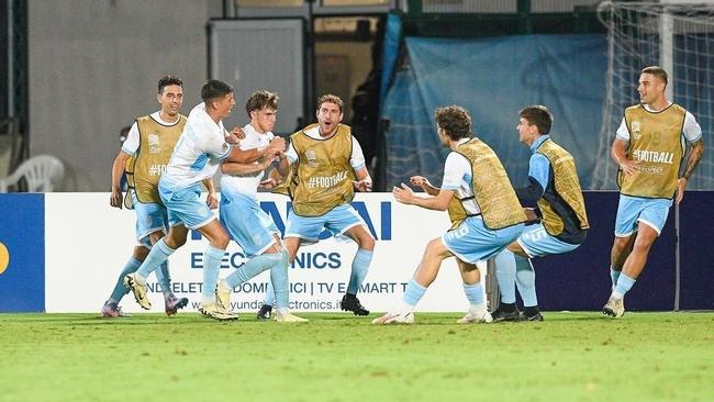 San Marino players race from the bench to celebrate with goal scorer Nicko Sensoli. Picture: X