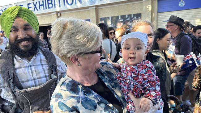 Liberal MP Linda Reynolds with a baby outside the Liberal Party stand at the Perth Royal Show. Picture: Facebook