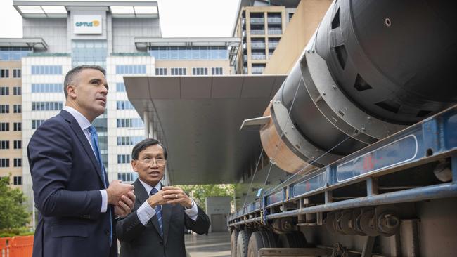 South Australian Premier Peter Malinauskas with Dr Yensen Chen from Taiwan, CEO and founder ATSpace, with a Kestrel 1 hybrid rocket at Adelaide Convention Centre. Picture: NCA NewsWire / Naomi Jellicoe