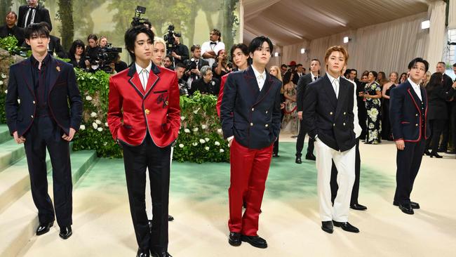 Bang Chan, Han, Felix, Seungmin, Hyunjin, I.N, Lee Know and Changbin of South Korean boy band Stray Kids arrive for the 2024 Met Gala in New York. Picture: Angela WEISS/AFP