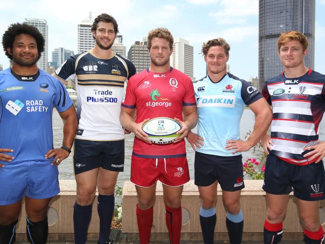 Super Rugby Season Launch. Leaders from the Super Rugby teams from Australia, Tatafu Polota-Nau, (Force) Sam Carter, (brumbies) James Slipper (reds)  Michael Hooper (Waratahs) and Nic Stirzaker (Rebels). Pic Jono Searle.